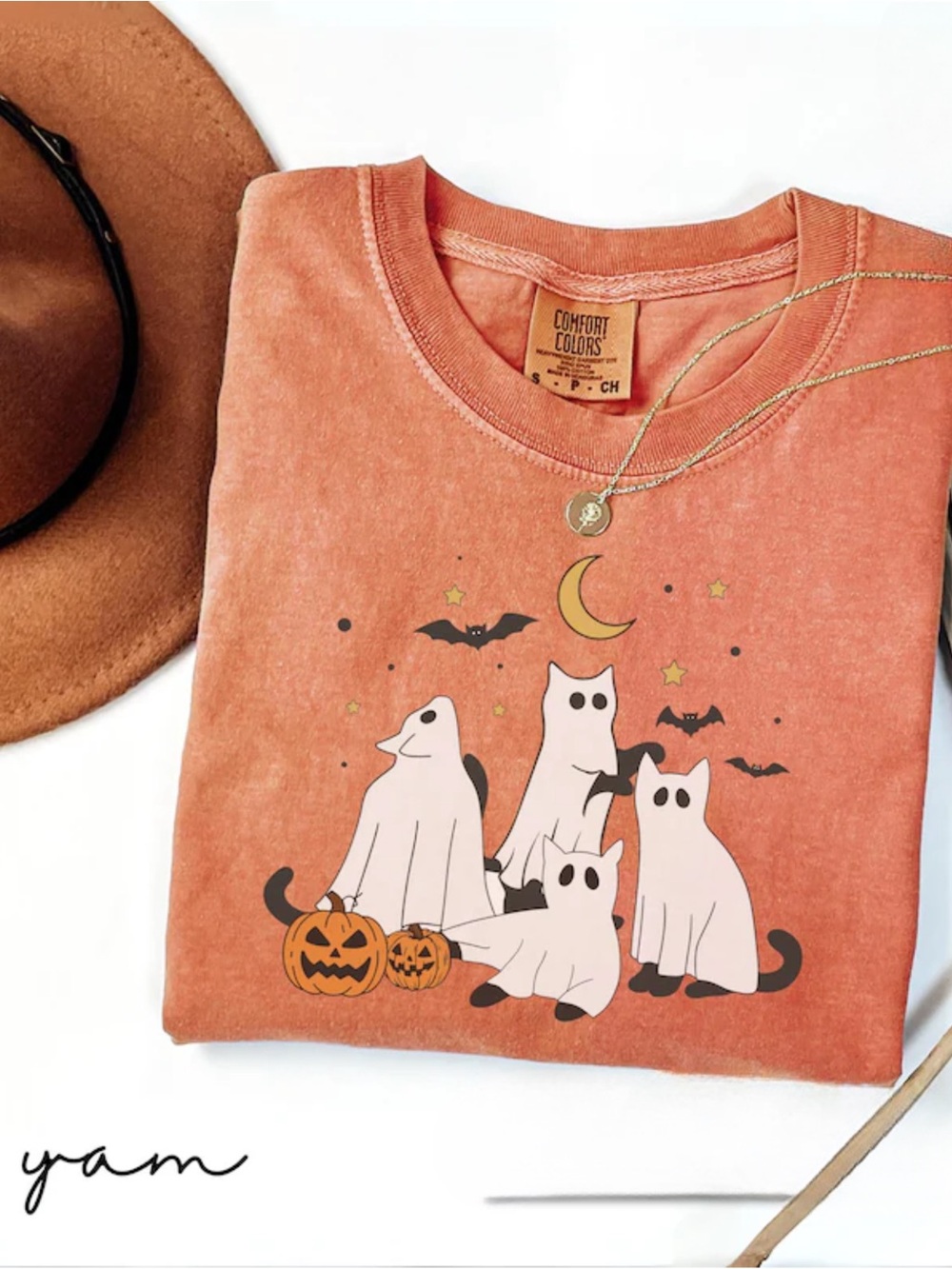 Comfort Colors Yam Halloween Cat Tee - Ghost Cats Graphic